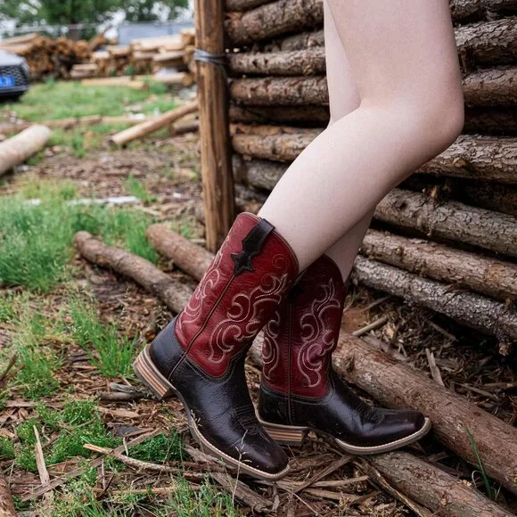 Women Square Toe Western Boots Wide Calf Cowgirl Boots Pull On Embroidered Red - Picture 2 of 9